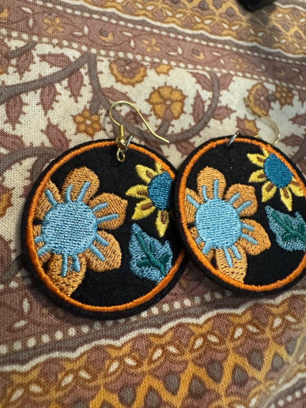 Embroidered Floral Round Drop Earrings - Blue & Orange